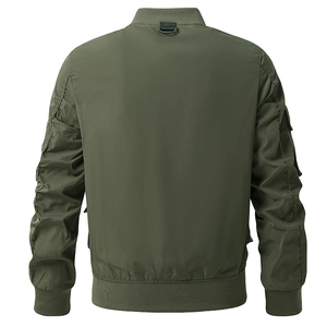 Army green military bomber jacket with ribbed cuffs and waterproof nylon fabric back view