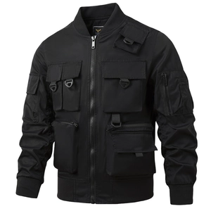 Men's black tactical flight bomber jacket with multi-pocket utility cargo design