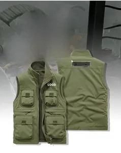 Detail view of olive green tactical vest showing multiple pockets and military style