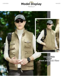 Detail of reversible multi-pocket men's tactical vest in khaki for outdoor adventures