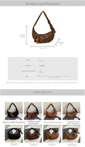 Detailed size chart and color matrix for the crescent pleated suede shoulder bag