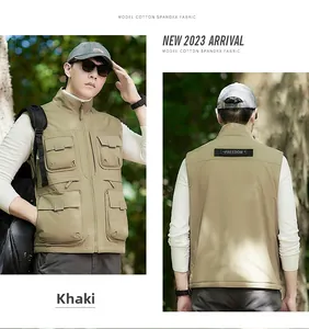 Front and back view of khaki outdoor cargo vest with stand collar and multi-pockets