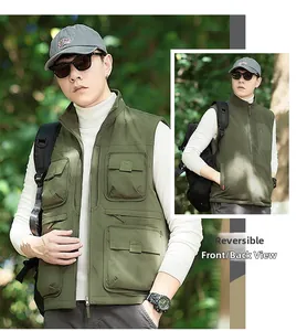 Detail of reversible military green vest with functional multi-pockets and stand collar