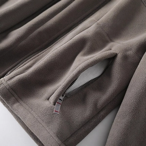 Men's heavy double-layer fleece jacket in taupe with zip pockets and stand collar