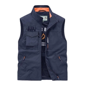Gilet outdoor leggero da uomo con tasche multiple blu scuro e fodera interna arancione