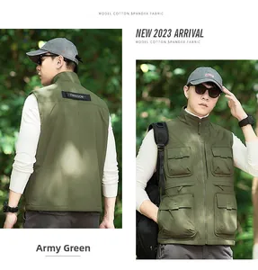 Detail of army green cargo vest with multi-pockets and freedom letter patch