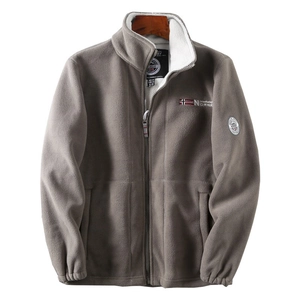 Men's dark grey fleece jacket with white sherpa collar lining and Norway flag embroidery