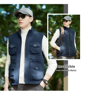 Detail view of men's reversible outdoor vest showing fleece lining and multi-pocket design