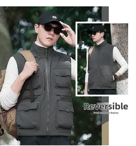 Detail view of double-sided men's fleece vest featuring utility multi-pockets and stand collar