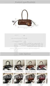 Size chart showing dimensions and colors for the vintage PU leather baguette bag