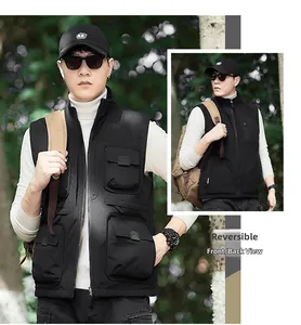 Men's double-sided thermal vest featuring multi-pockets and windproof standing collar