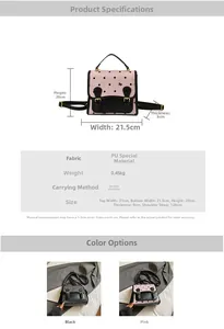 Size and color guide for a pink polka dot PU leather backpack with bow detail
