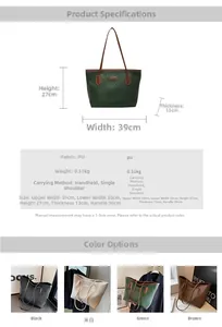 Detailed size chart of large PU tote bag with dimensions and weight specifications