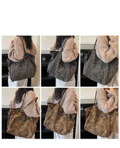 Detail view of large leopard print tote bags in tan and grey colors on female models