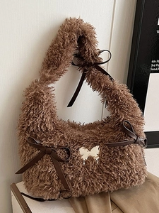 Women Large Capacity Plush Shoulder Bag Faux Fur Bow Knot Underarm Bag Sweet Fluffy Handbag Fuzzy Tote Bag For Daily Outing