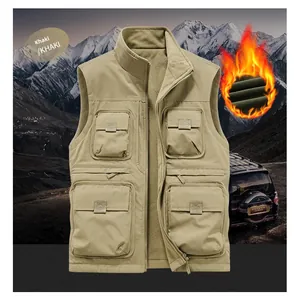 Detail of khaki outdoor vest showing thick fleece lining and multi-pocket utility design