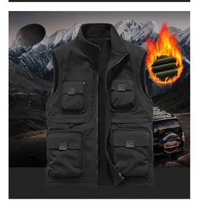 Detail view of a black multi-pocket puffer vest with fleece lining for winter warmth