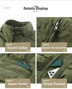 Detail view of military green tactical vest showing stand collar and zipper pockets
