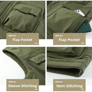 Detail of military green tactical vest showing large flap pockets and reinforced stitching