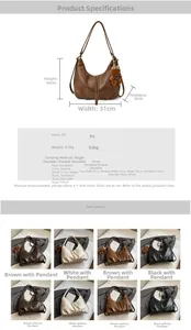Detailed chart showing PU dumpling bag dimensions 31x30x10cm and color options