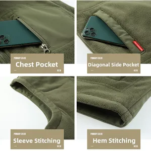 Detail of army green fleece vest showing zip pocket, stitching, and outdoor label