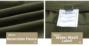 Detail of army green double-sided fleece fabric texture and material composition label