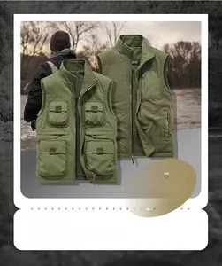 Detail of army green double-sided thick vest with utility multi-pockets and warm fleece