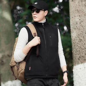 Men's reversible thickened black fleece vest with stand collar and zipper pockets