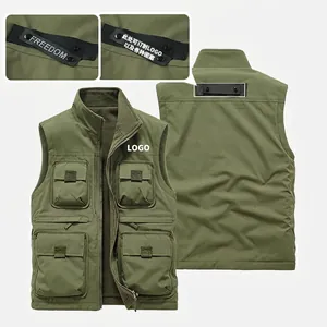 Army green multi-pocket utility vest with zip closure and customizable tape detail