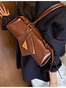 Retro brown glossy patent leather underarm bag with mini triangular coin purse and chain