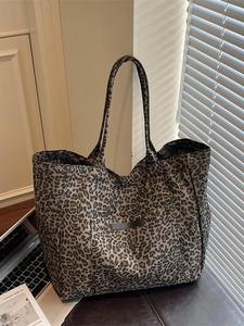Large leopard print canvas tote bag for women with front pocket and spacious interior