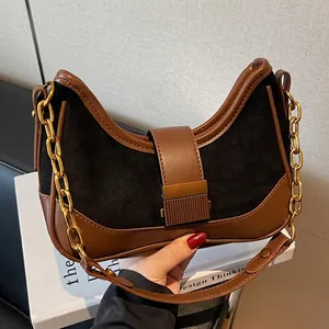 Sac Bandoulière Patchwork en Cuir PU Vintage pour Femmes Bandoulière Chaîne Métal Boucle de Verrouillage Sac Hobo Sous le Bras Bureau