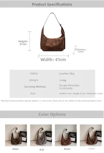 Detailed size specifications and four-color options for the suede leopard print tote bag
