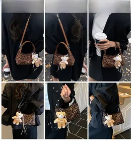 Collage of a leopard print handbag with teddy bear charm shown in various carrying styles