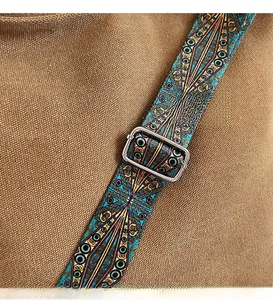 Detail of adjustable strap with blue and orange geometric ethnic pattern and silver buckle