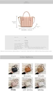Detailed chart showing PU leather pleated bag dimensions and six color options available