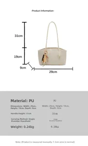 Detailed size chart of the white woven tote bag showing dimensions and PU leather specs