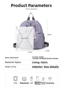 Infographic showing purple nylon tote bag dimensions 38x37x11cm and storage capacity