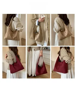 Brown and deep red suede tote bags shown in a collage of lifestyle outfits