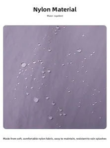 Macro shot of water droplets on purple nylon fabric showing water repellent feature
