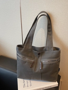 Women Large Capacity Canvas Tote Bag Casual Solid Color Double Zipper Pocket Shoulder Bag Lightweight Commuting Handbag