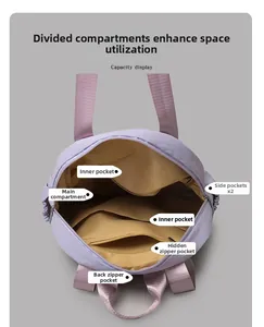 Detailed interior view of a purple multi-pocket tote bag with organized storage sections