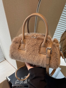 Women Fashion Plush Faux Fur Boston Bag Autumn Winter Small Crossbody Handbag With PU Leather Handle Solid Color Pouch