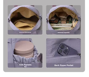 Detail view of purple nylon tote bag showing large capacity, side pockets and back zip pocket