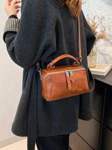 Borsa a secchiello retrò in pelle marrone con doppia cerniera e manico superiore