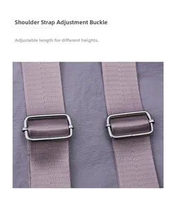 Detail of adjustable purple nylon shoulder strap with silver metal buckle on a tote bag