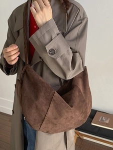 Brown suede hobo shoulder bag with patchwork stitching for women's casual autumn style