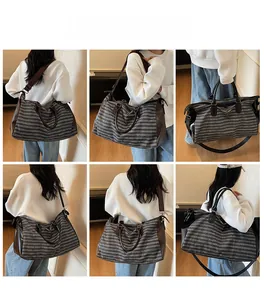 Detailed views of gray striped travel bag with brown leather accents and shoulder strap