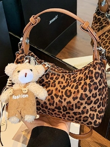 Retro Leopard Print Hobo Bag For Women With Plush Bear Charm PU Leather Shoulder Bag Crossbody Dumpling Handbag For Travel Daily Use