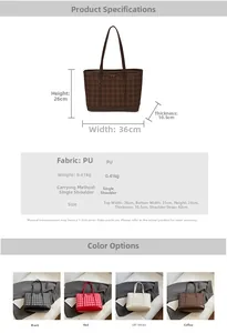 Detailed size chart and specifications for the plaid pattern faux leather tote bag